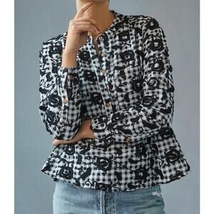 Anthropologie Pilcro Whitney Trapeze Embroidered Top Black & White Gingham XS